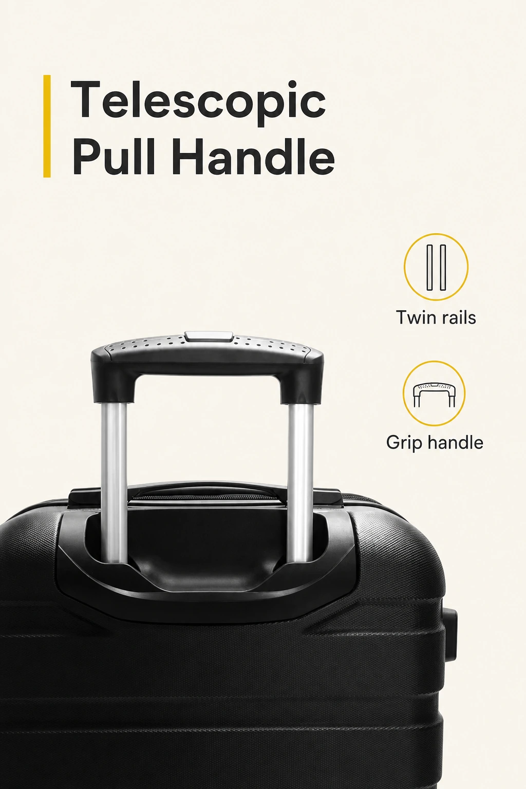 Twin-rail telescopic handle with grip and rail labels