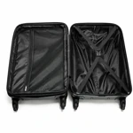 Open black suitcase with zipped divider on the left and crossed straps on the right
