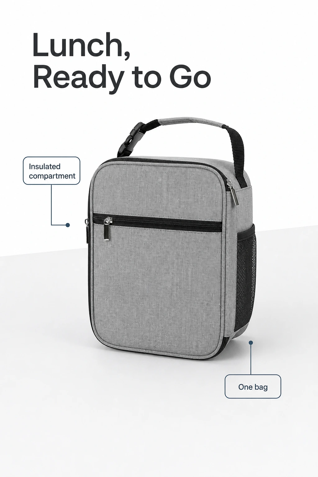 Gray insulated lunch bag beside one-bag and compartment labels