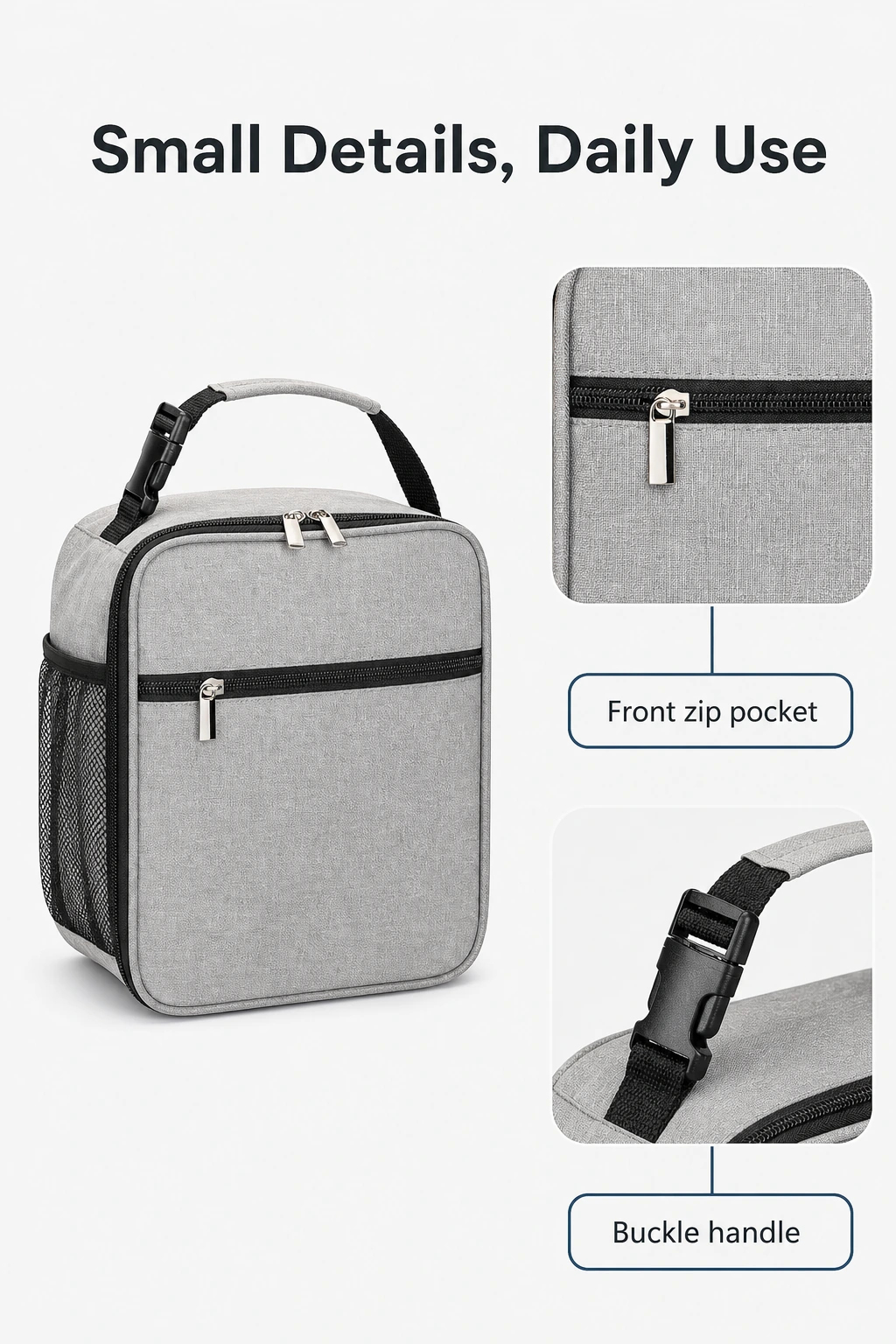 Close views of the gray bag front zipper and handle buckle