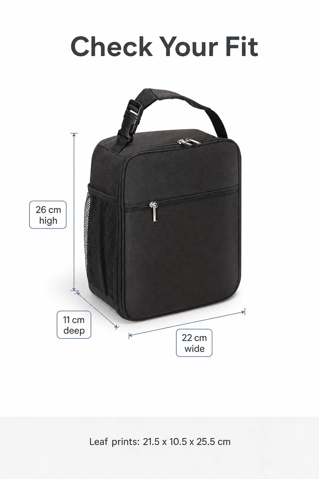 Black lunch bag with width, depth and height arrows and leaf-print size note