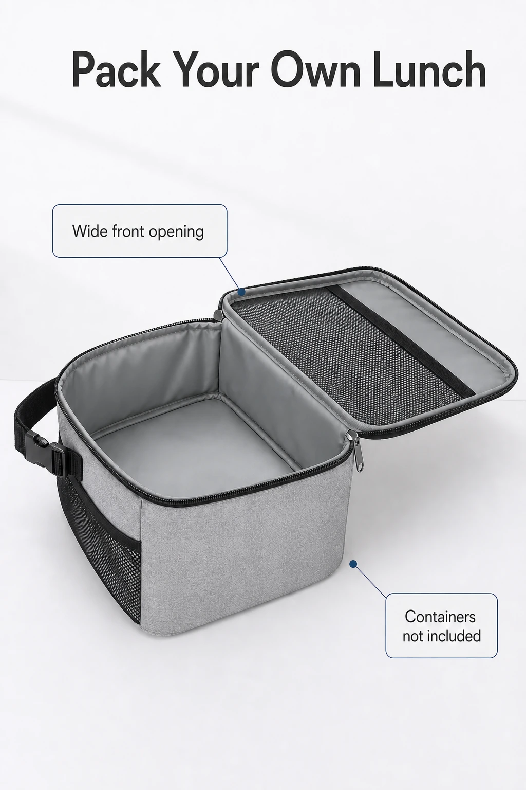 Open gray lunch bag with its empty compartment and container exclusion text