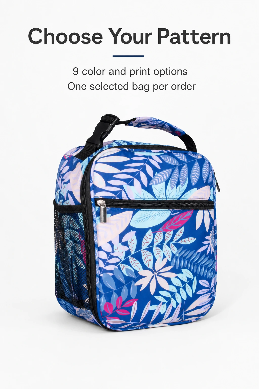 Blue leaf-pattern bag beside nine-choice and single-bag information