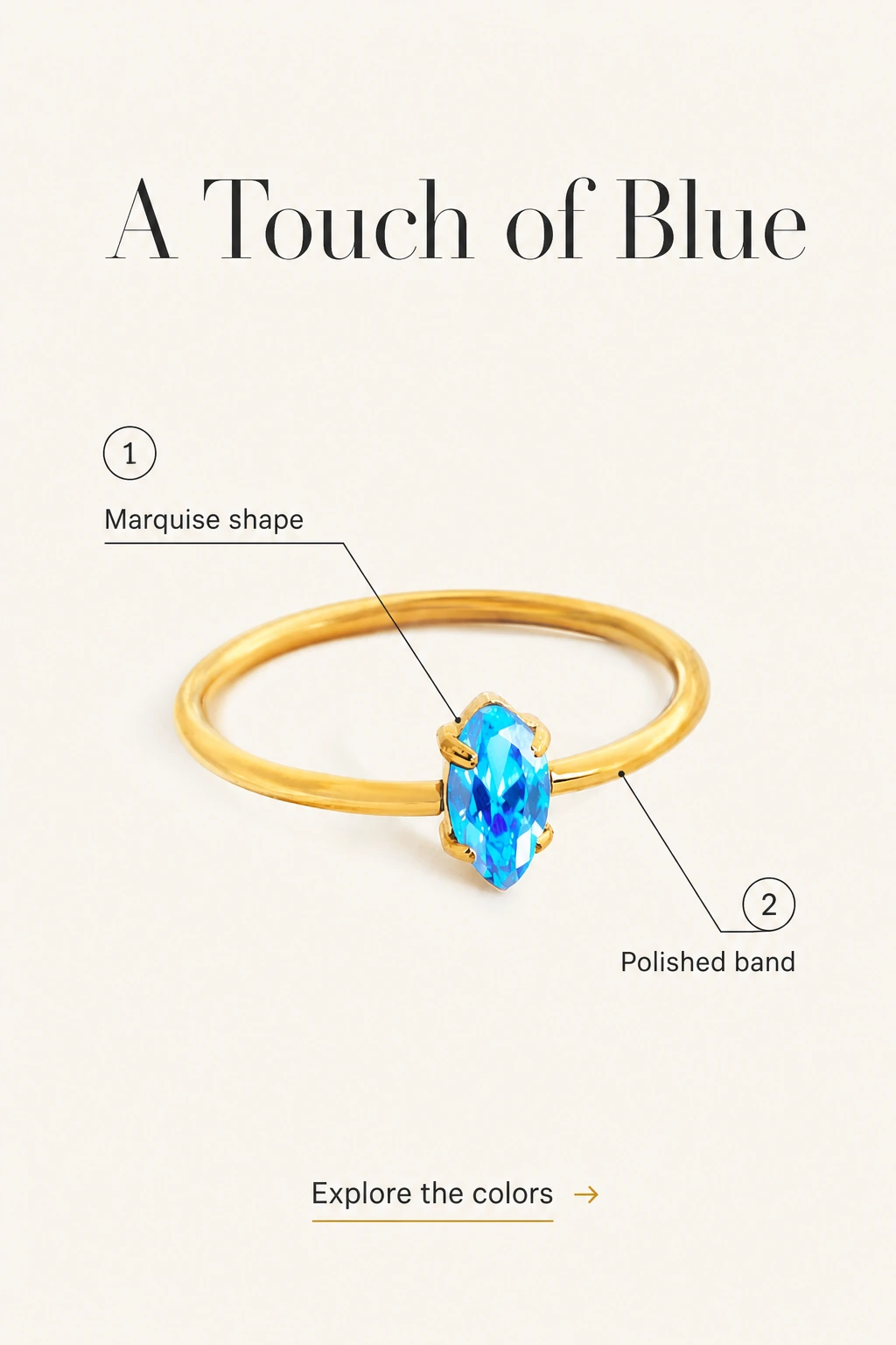 Blauer Marquise-Stein auf polierter goldfarbener Ringschiene