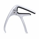 Silver guitar capo with black jaw pads and two curved squeeze handles on a white background