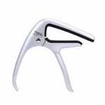 Side view of the silver guitar capo with separated handles and a round pivot fastener