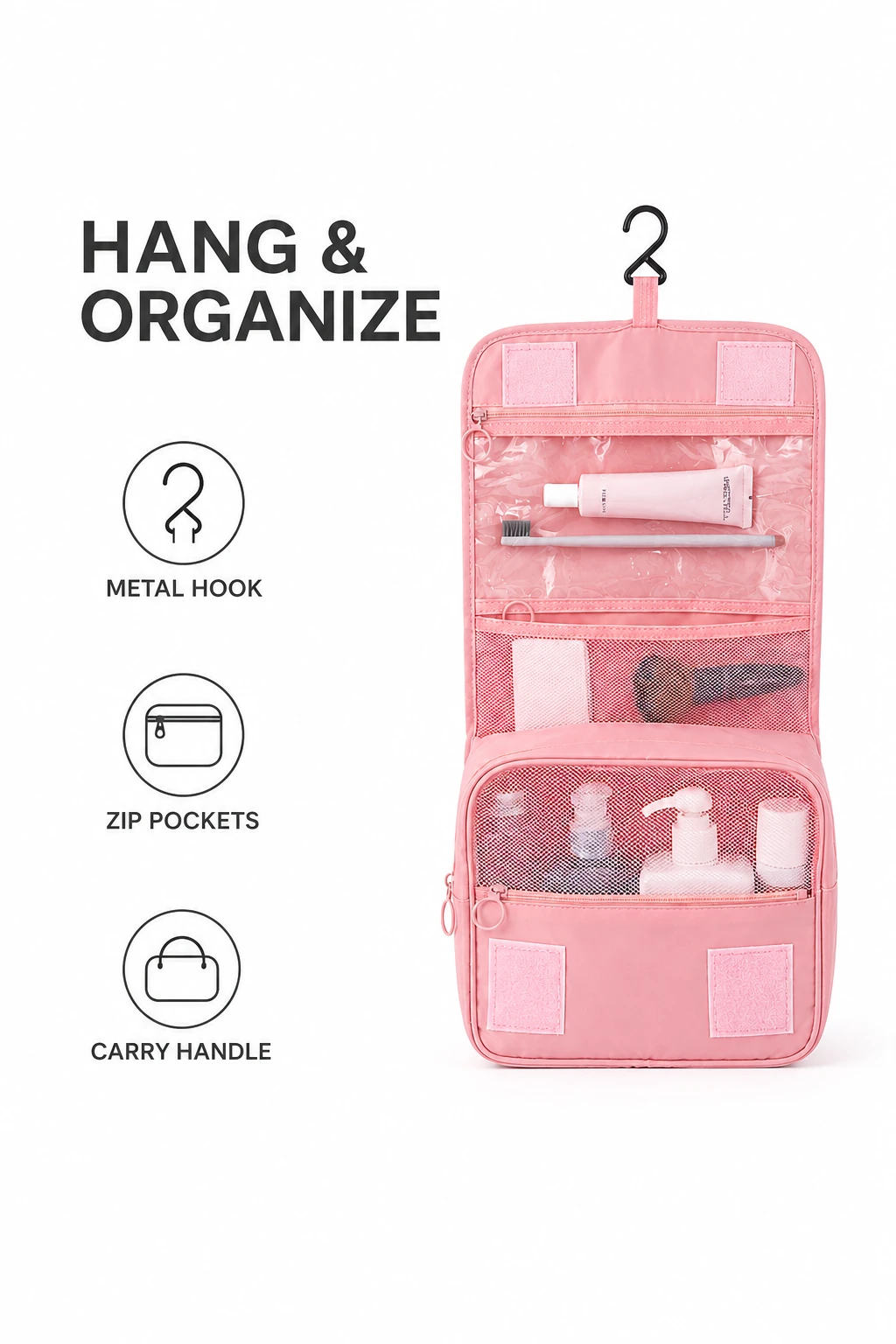 Open bag diagram highlighting its metal hook, zip pockets and carry handle