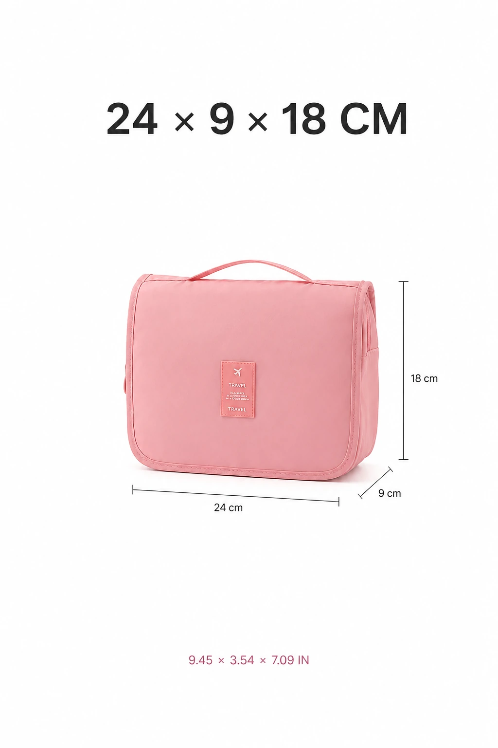Closed pink bag with measurement marks for 24 cm width, 9 cm depth and 18 cm height