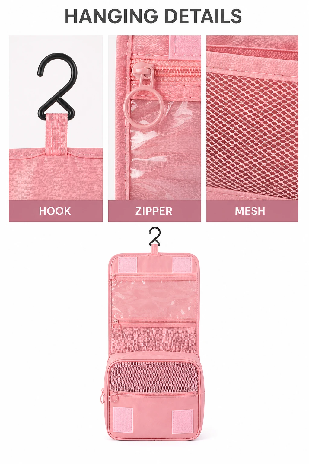 Close views of the hook, ring zipper pull and mesh pocket beside the open pink bag
