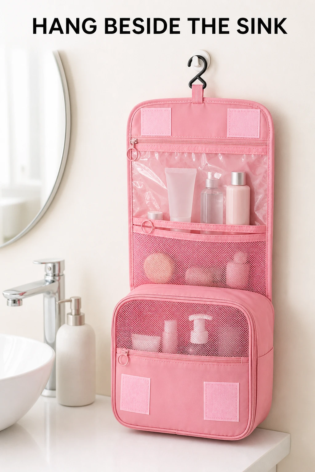 Open pink toiletry organizer hanging beside a sink in a bathroom setting