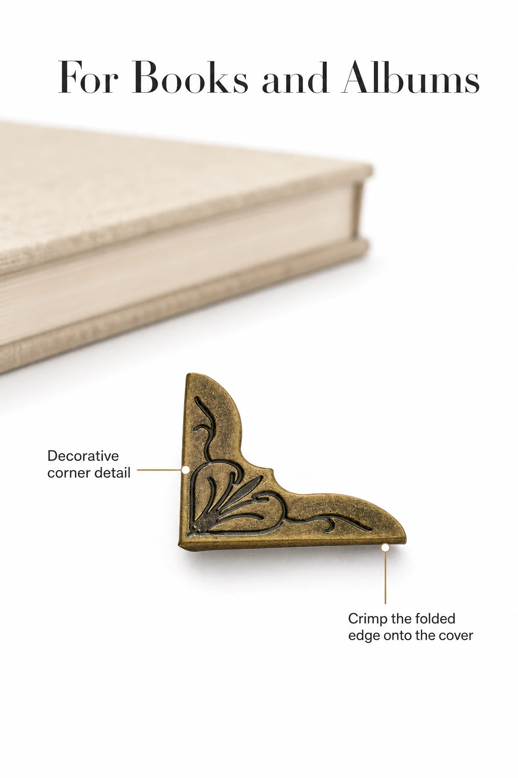 Single bronze corner beside a blurred album with crimp-fitting instructions