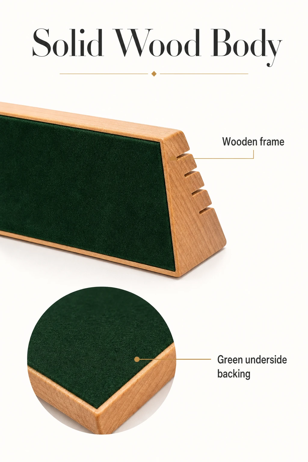 Gráfico de detalle del marco de madera y la pieza rectangular verde de la base.