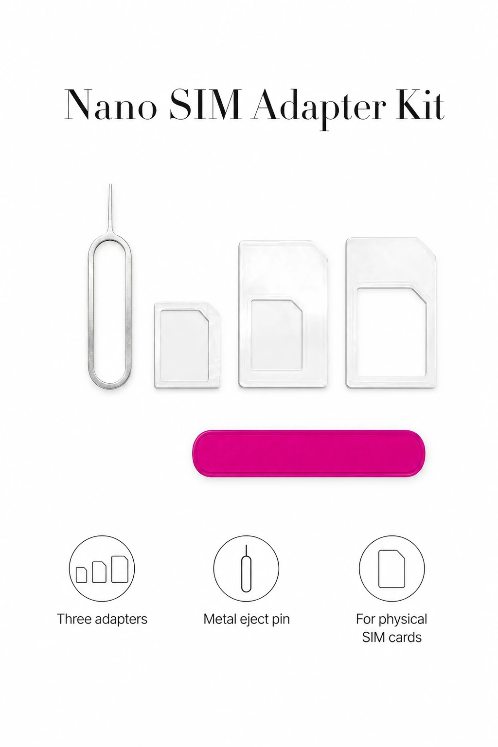 Nano SIM adapter kit with three frames and metal eject pin