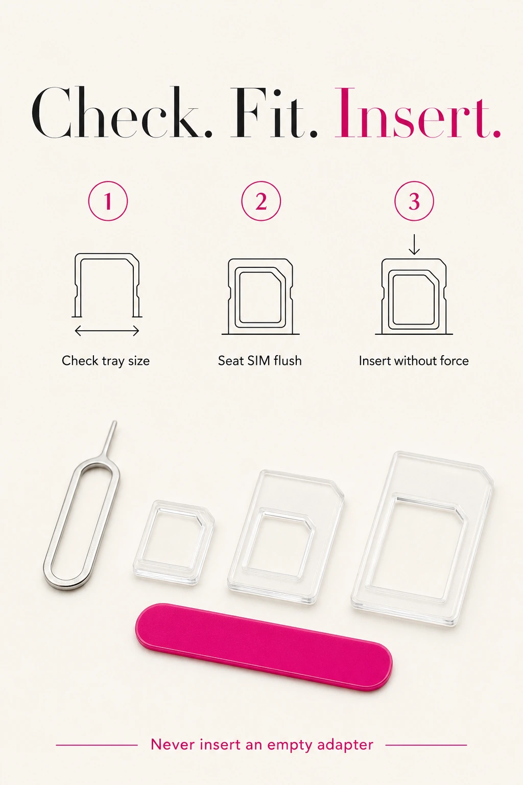 Three steps for checking and fitting a physical SIM adapter