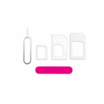Three clear SIM adapter frames beside a metal eject pin and a small pink rounded strip