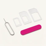 SIM adapter kit arranged diagonally with three clear frames, a metal eject pin and pink strip