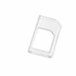 Close-up of a clear SIM adapter frame showing its recessed opening and clipped outer corner
