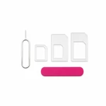 Three clear SIM adapter frames arranged by size beside an eject pin with a pink strip below