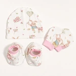 Conjunto de recién nacido con gorro, manoplas y patucos con conejos