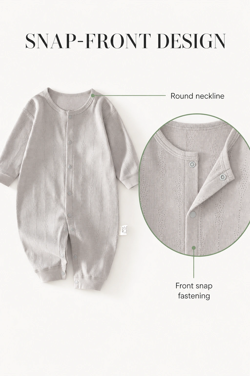 Gráfico del pelele gris con cuello redondo y cierre de broches