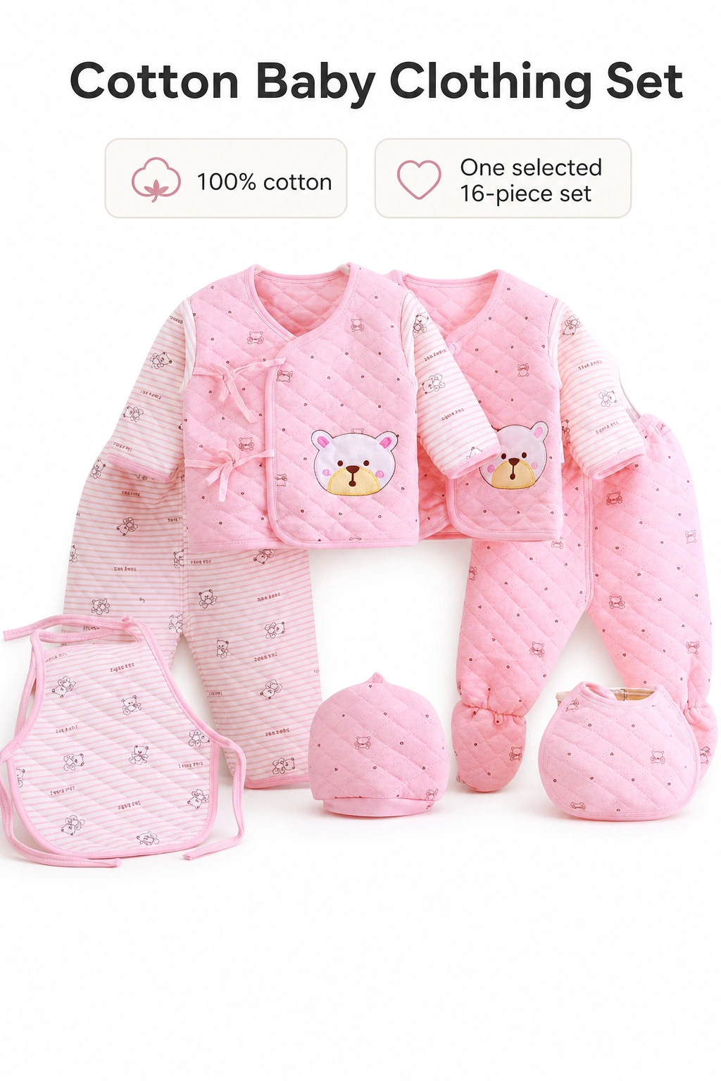 Ilustración de ropa rosa con osos y texto sobre algodón y set de dieciséis piezas