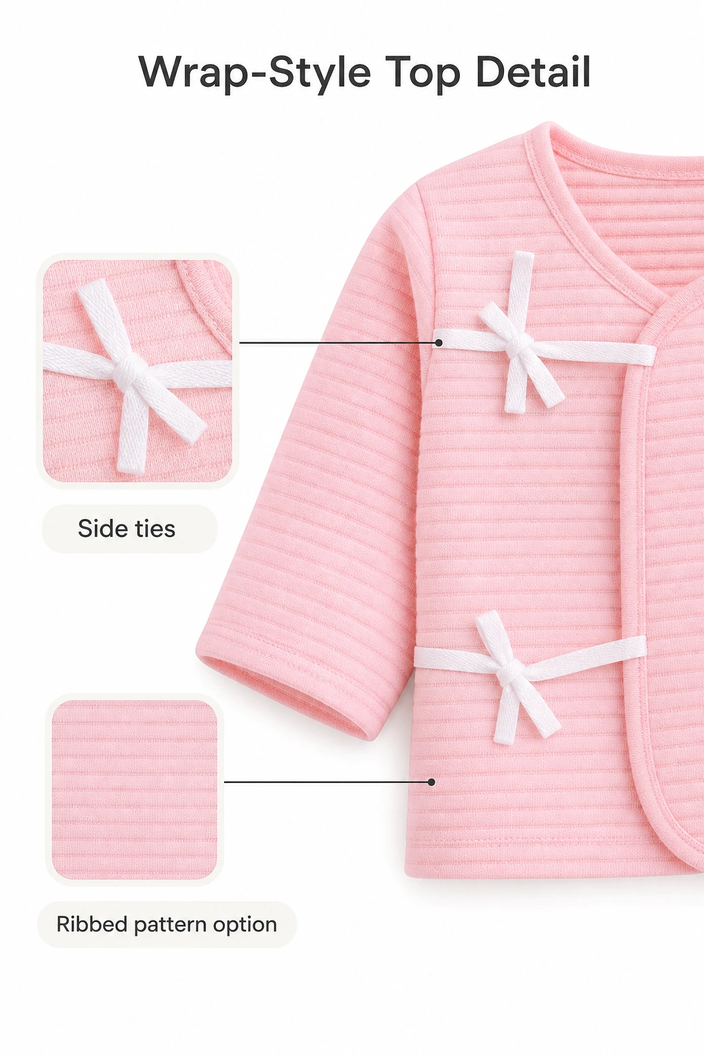 Detalle de camiseta cruzada rosa acanalada con lazos señalados y recuadro de detalle
