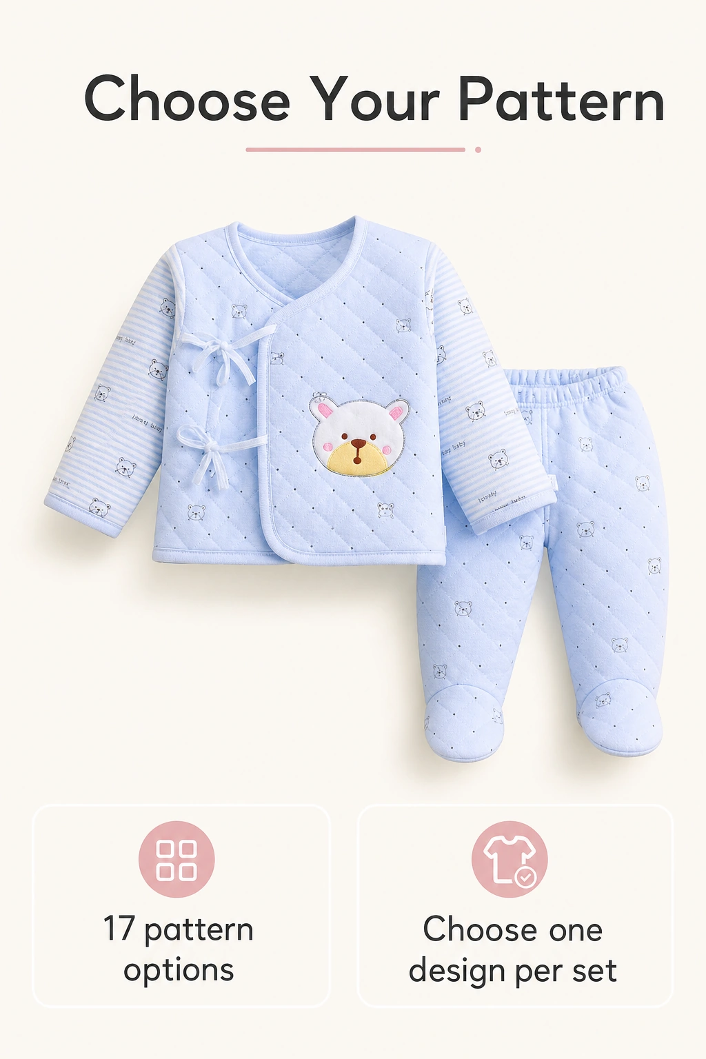 Camiseta y pantalón azules con osos y texto sobre diecisiete estampados