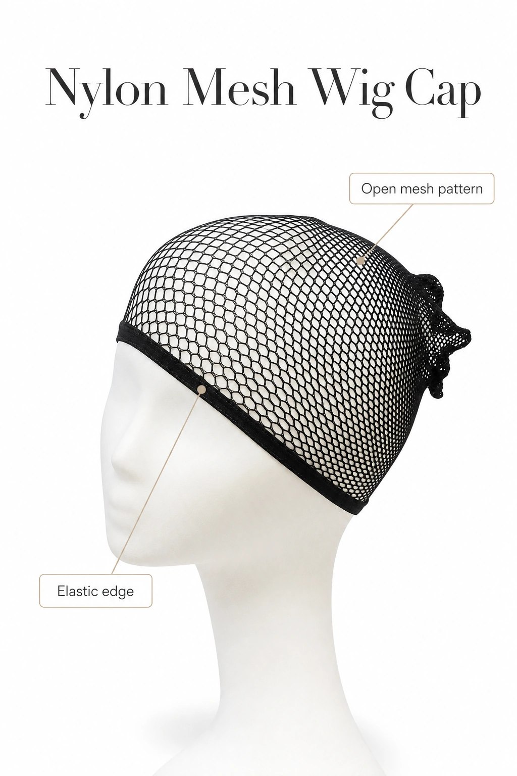 Gorro negro sobre cabeza de exposición con indicaciones de malla y borde elástico