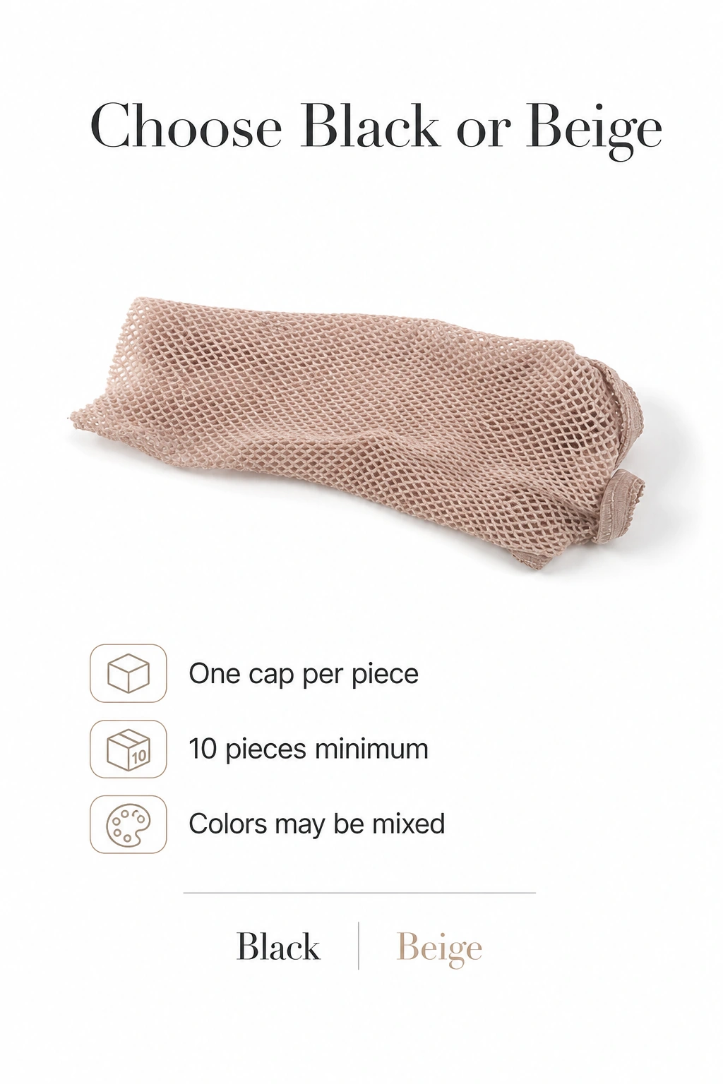 Gorro beige con elección negro o beige e información: uno por unidad, mínimo diez