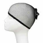 Gorro negro de malla visto de lado sobre una cabeza blanca de exposición