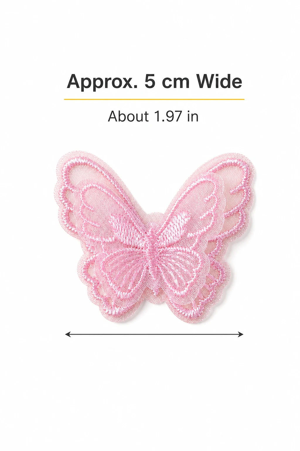 Pink organza butterfly with a width arrow and labels reading approximately 5 cm and about 1.97 in.