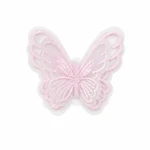 Single pink embroidered organza butterfly appliqué isolated on a clean white background.