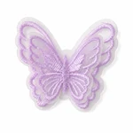 Purple embroidered organza butterfly shown close up against a soft neutral background.