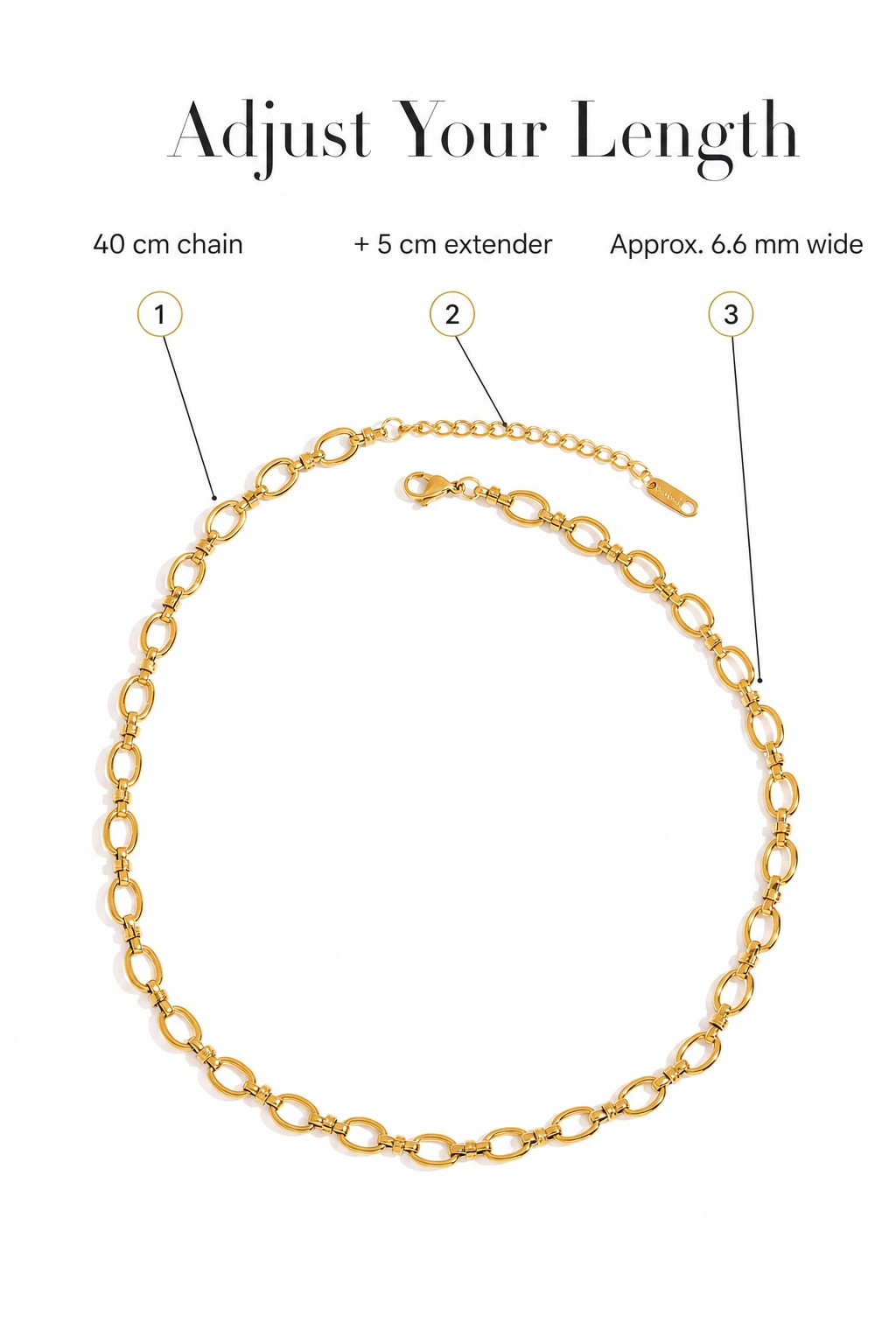 Colar de 40 cm com extensor de 5 cm e largura aproximada de 6,6 mm