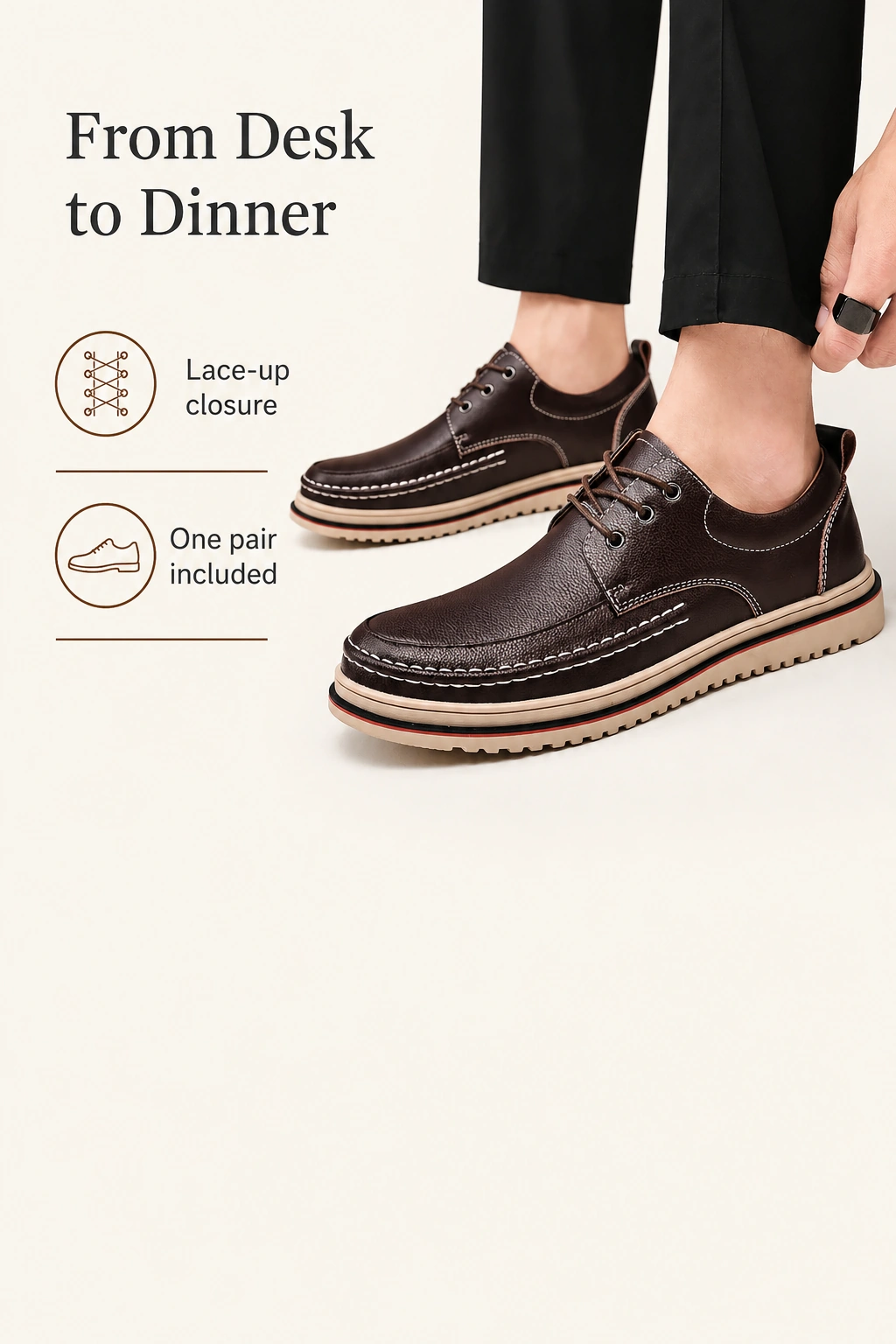 Scarpe marroni con lacci indossate con pantaloni eleganti