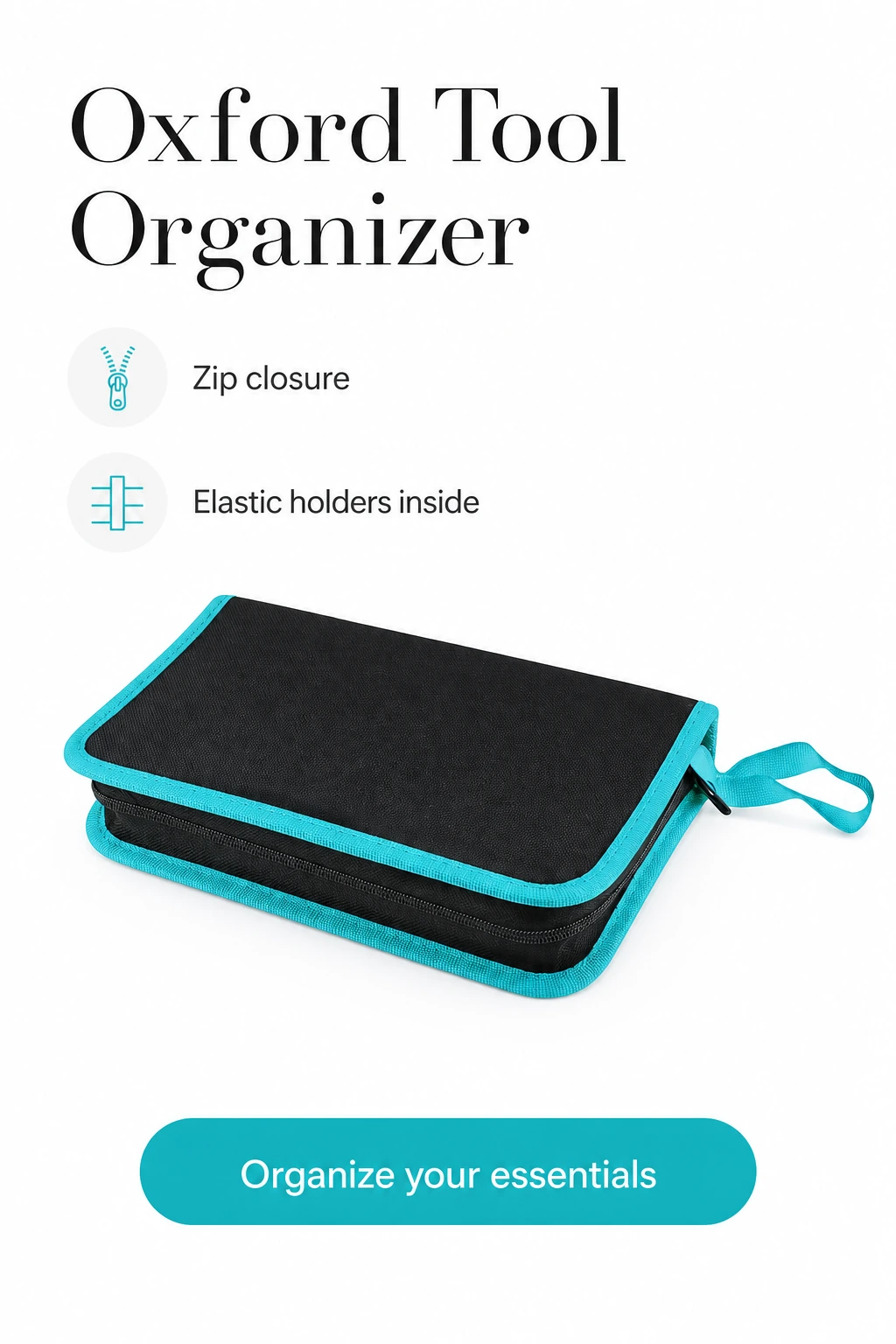 Black Oxford zip tool case with turquoise trim and elastic holders inside