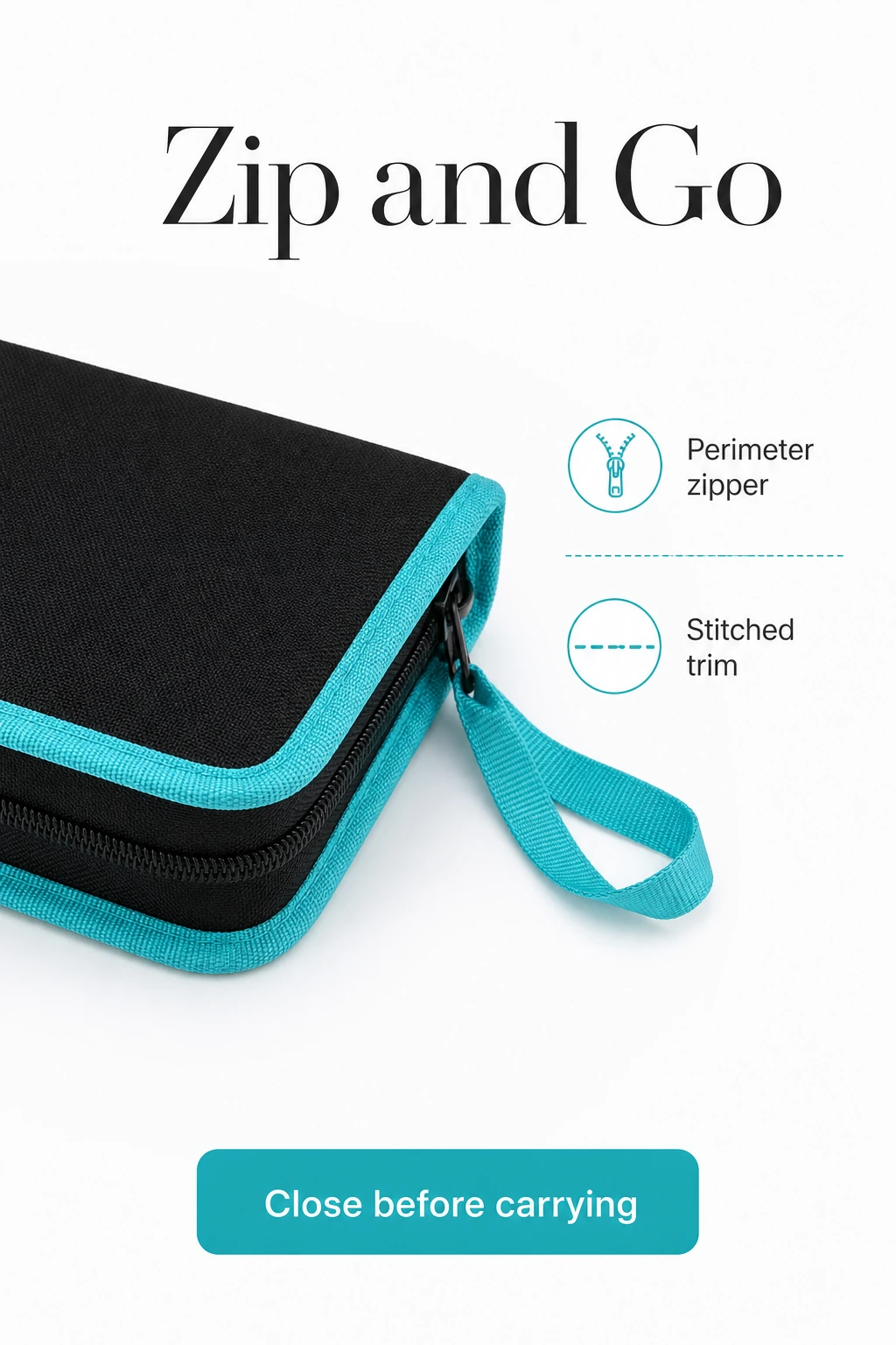 Perimeter zipper and stitched turquoise edging on the tool case