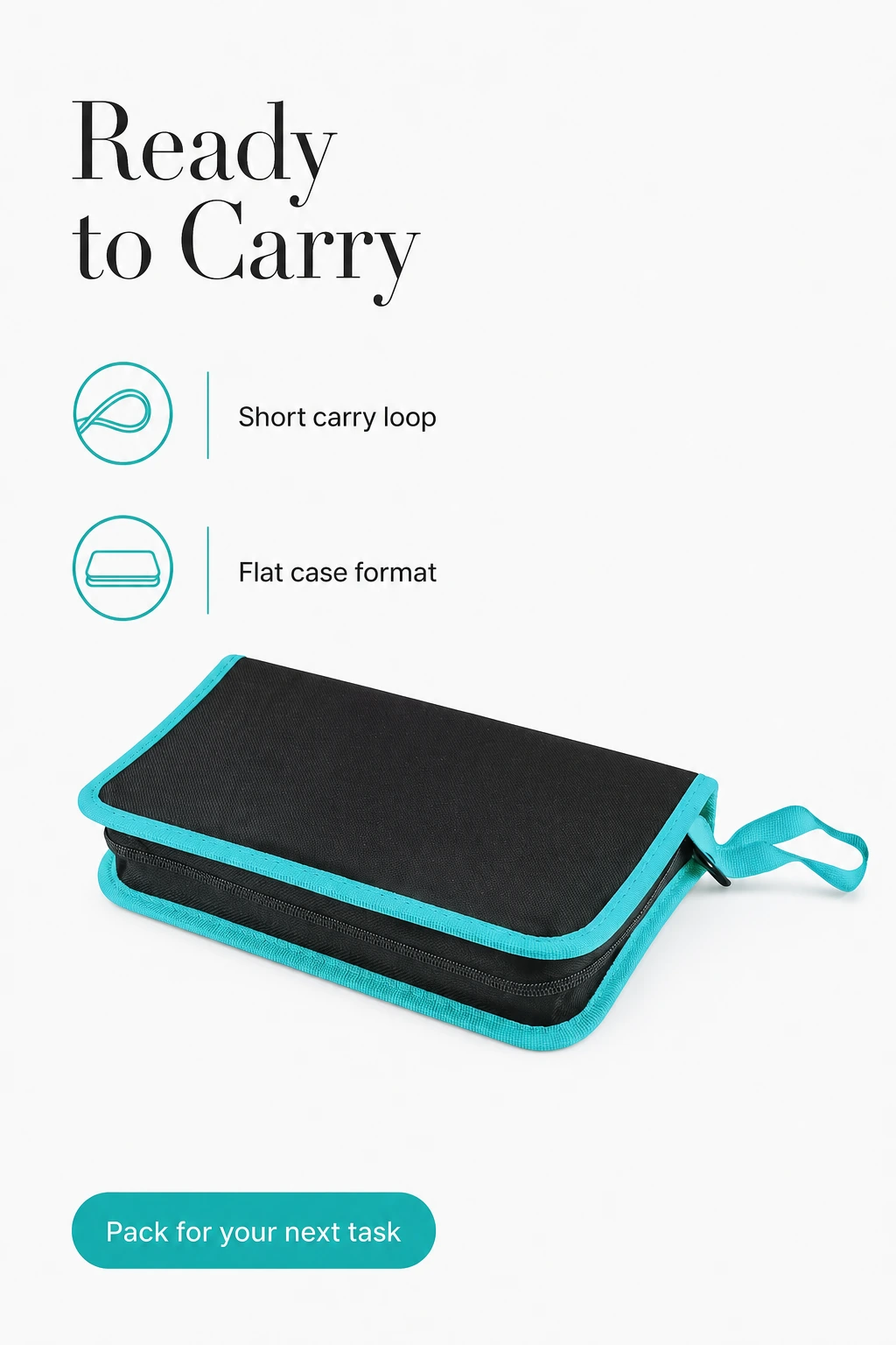 Closed tool case with its short turquoise fabric loop