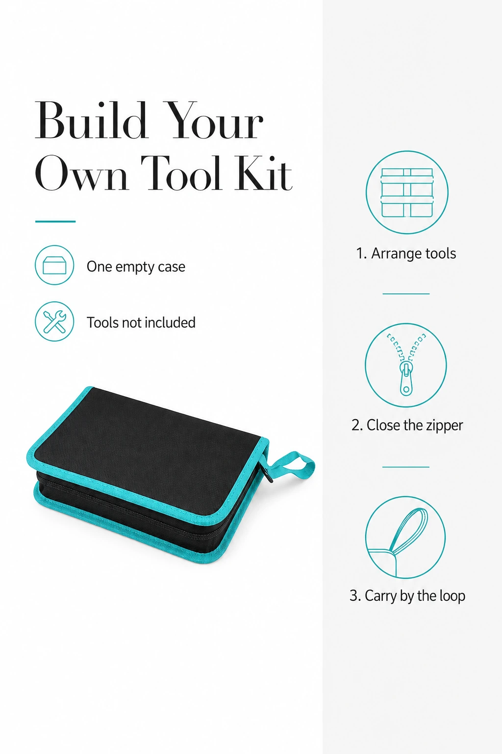 Empty tool case and three steps for arranging and carrying a kit