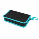 Closed black rectangular tool case with turquoise edging and a matching side loop