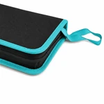 Close-up of the case corner showing a black perimeter zipper between turquoise edges