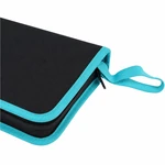 Close-up of the turquoise fabric loop and black zipper pull at the side of the tool case