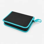 Black tool case lying closed at an angle with turquoise trim around its flap and base