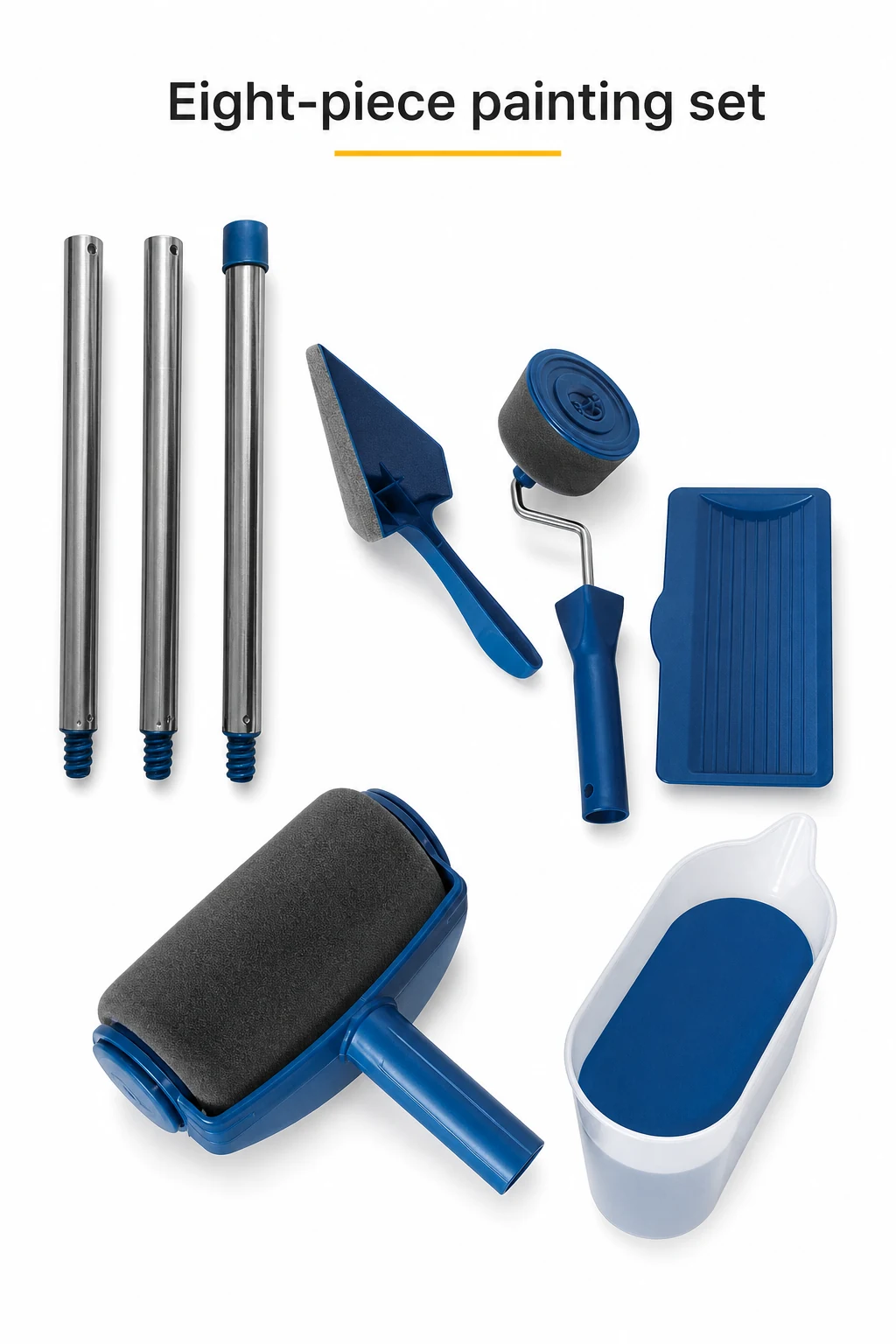 Ocho piezas separadas del kit bajo un título breve