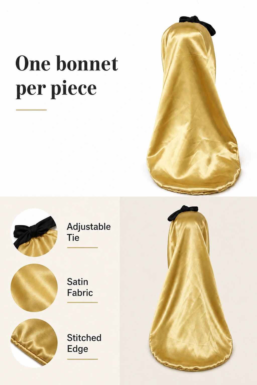 Gorro dorado y detalles de lazos, tejido y borde que indican un gorro por unidad