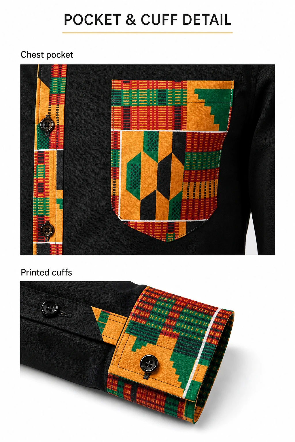 Primi piani del taschino con stampa geometrica e del polsino abbottonato di una camicia nera.