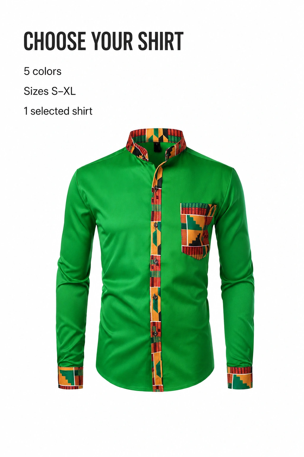 Camicia verde da uomo a maniche lunghe vista davanti, con stampa geometrica su collo, abbottonatura, taschino e polsini; la grafica indica anche cinque colori e le taglie S–XL.
