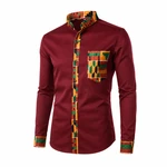 Burgundy-red men's long-sleeve shirt shown from the front, with geometric print panels at the collar, placket, chest pocket and cuffs.