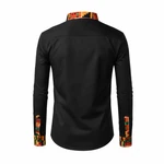 Back view of the black men's long-sleeve shirt, with geometric print at the stand collar and cuffs.