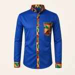 Blue men's long-sleeve shirt shown from the front, with geometric print panels at the collar, button placket, chest pocket and cuffs.